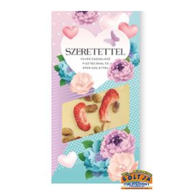   Szeretettel Feliratú Fehércsokoládé Pisztáciával, Eperrel 100g