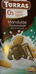 Torras Tejcsokoládé Mandulás Hozzáadott Cukor 0%, Édesítőszerrel, Gluténmentes 75g